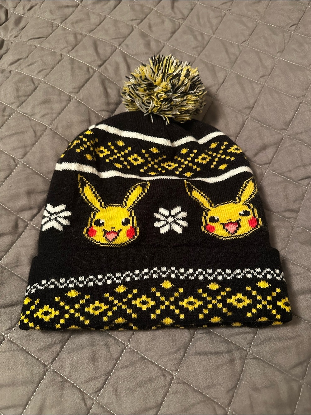 adidas Black and Yellow Kids Pom Beanie with Character Motif